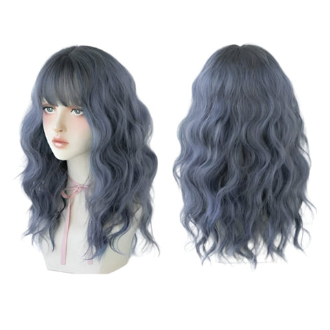 Long Hair Wig With Bangs In Haze Blue Wool 54Cm Hair Extensions