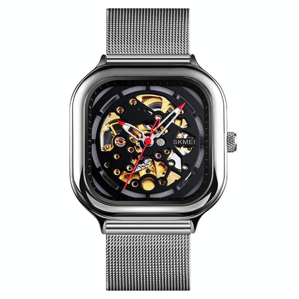 Veile Studios Men Automatic Tourbillon Watch With Mesh Band Silver Wristwatch Bands