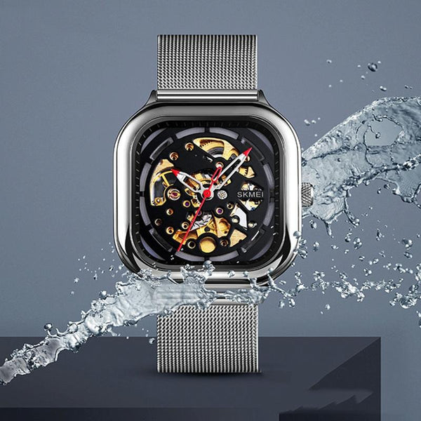 Veile Studios Men Automatic Tourbillon Watch With Mesh Band Silver Wristwatch Bands