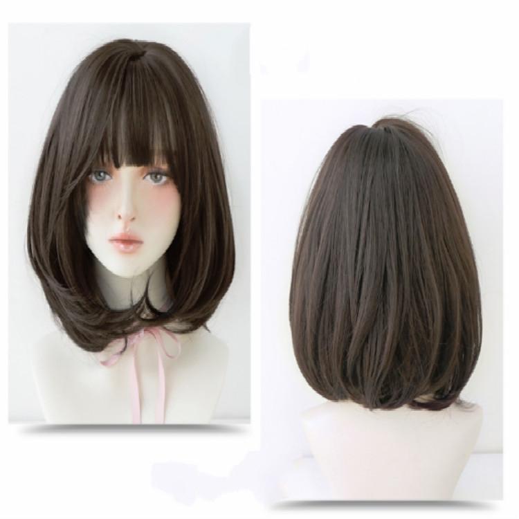 40 Centimetre Short Hair Wig With Bangs For Round Face In Chocolate Colour Hair Extensions