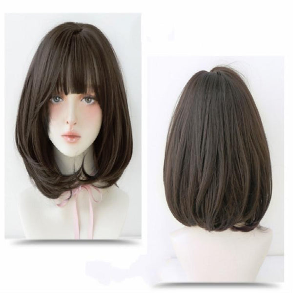 40 Centimetre Short Hair Wig With Bangs For Round Face In Chocolate Colour Hair Extensions
