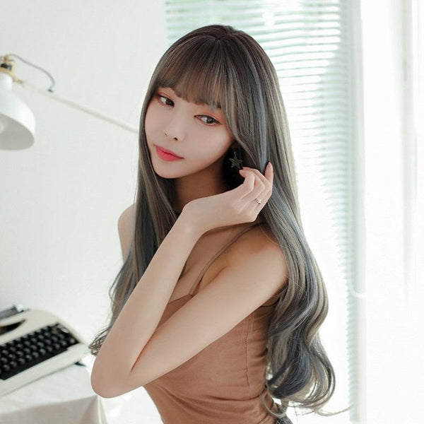 Silk Mist Blue Curly Wig For Girls High Temperature Long Hair Extensions