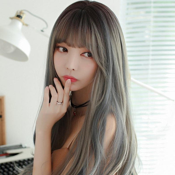 Silk Mist Blue Curly Wig For Girls High Temperature Long Hair Extensions