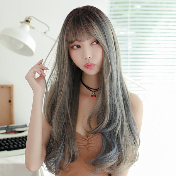 Silk Mist Blue Curly Wig For Girls High Temperature Long Hair Extensions