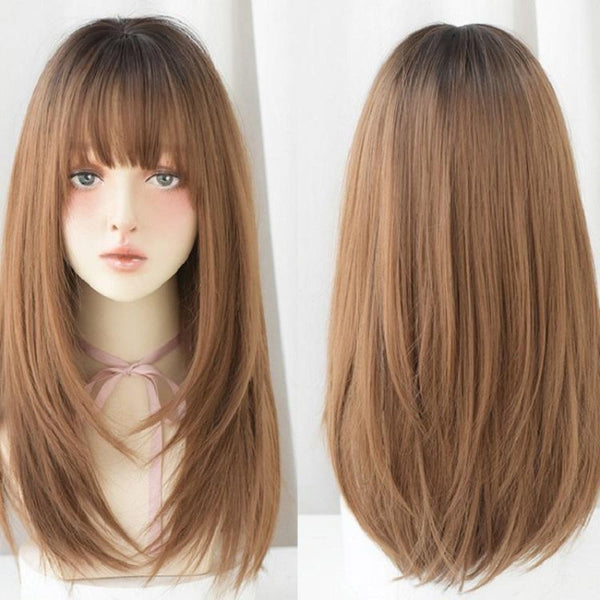 Sleek Long Hair Wig Set With Air Bangs In Honey Tea Colour Wigs Facial Hair
