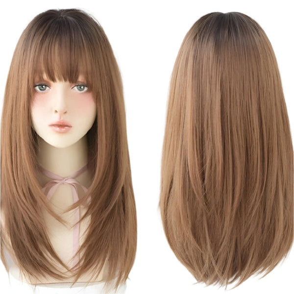 Sleek Long Hair Wig Set With Air Bangs In Honey Tea Colour Wigs Facial Hair