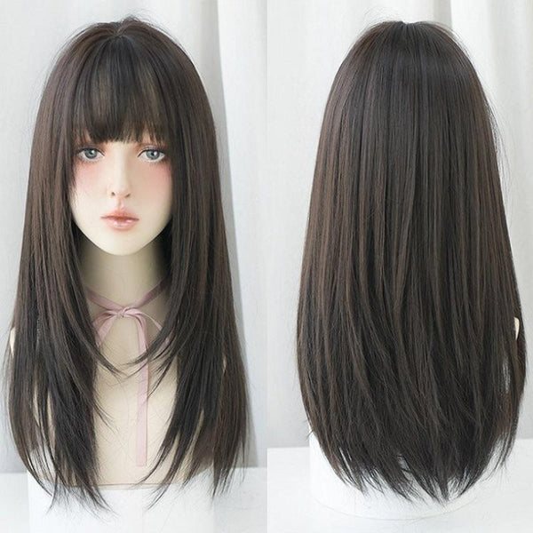 Long Straight Synthetic Hair Wig With Air Bangs For Extensions_Black Hair Extensions