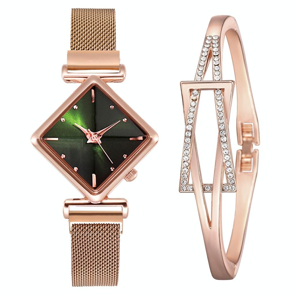 Veile Studios Rose Gold Diamond Dial Quartz Watch With Green Bracelet For Women Bracelets