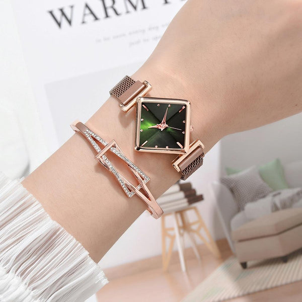 Veile Studios Rose Gold Diamond Dial Quartz Watch With Green Bracelet For Women Bracelets
