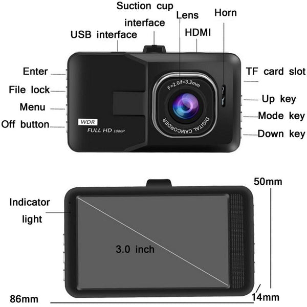 1080P Hd 3.0 Wide Angle Dash Cam With Reversing Image Function Other Car Video