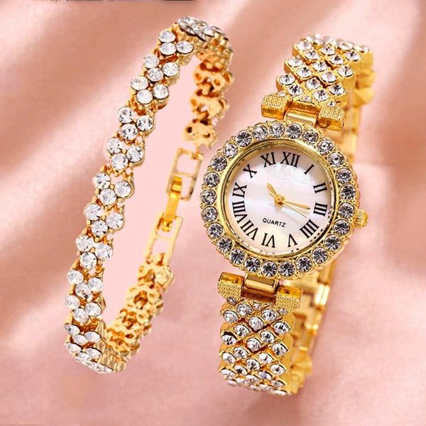 Veile Studios Gold Roman Diamond Watch & Bracelet Set For Women Bracelets