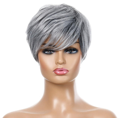 Short Straight Hair Wig High Temperature Silk Fibre Silver Grey Hair Extensions