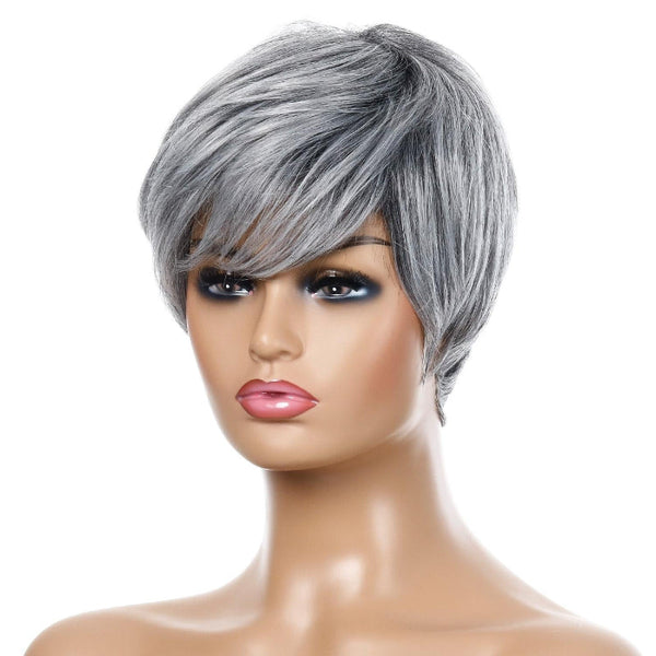 Short Straight Hair Wig High Temperature Silk Fibre Silver Grey Hair Extensions