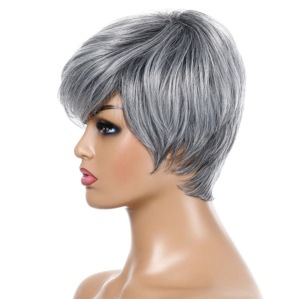Short Straight Hair Wig High Temperature Silk Fibre Silver Grey Hair Extensions