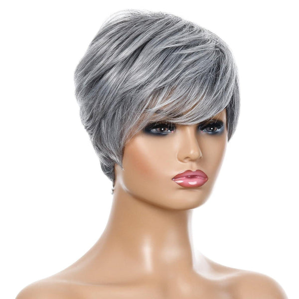 Short Straight Hair Wig High Temperature Silk Fibre Silver Grey Hair Extensions