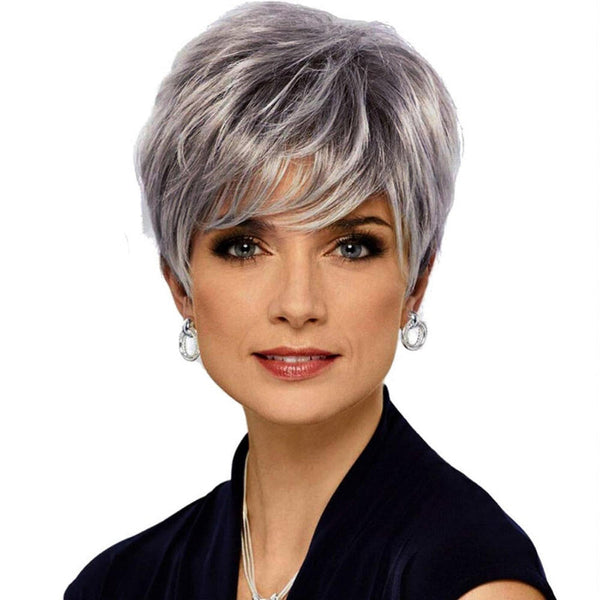 Short Straight Hair Wig High Temperature Silk Fibre Silver Grey Hair Extensions