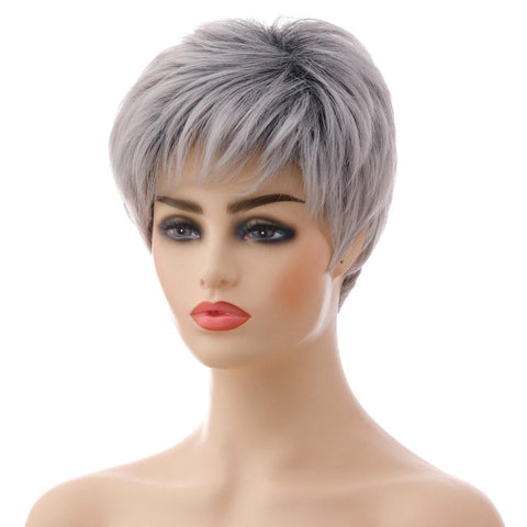 Short Straight Hair Wig High Temp Fiber In Silver Gray For Stylish Look Hair Extensions