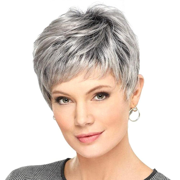 Short Straight Hair Wig High Temp Fiber In Silver Gray For Stylish Look Hair Extensions