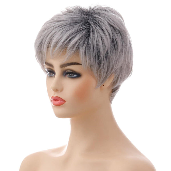 Short Straight Hair Wig High Temp Fiber In Silver Gray For Stylish Look Hair Extensions