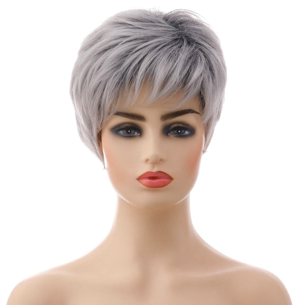 Short Straight Hair Wig High Temp Fiber In Silver Gray For Stylish Look Hair Extensions