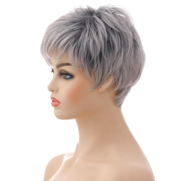 Short Straight Hair Wig High Temp Fiber In Silver Gray For Stylish Look Hair Extensions