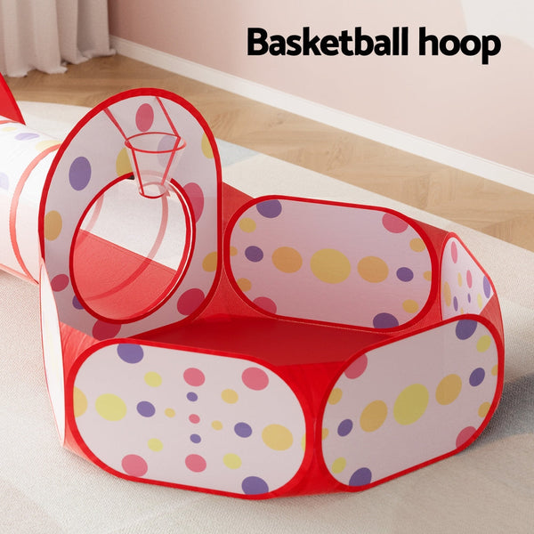 Keezi Kids Playhouse Tent Pop Up Teepee Ball Pit Tunnel Basketball Hoop Red Play Tents