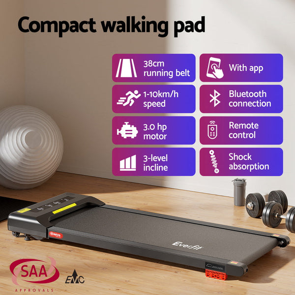 Everfit Treadmill Electric Walking Pad Incline Under Desk Home Gym 380Mm Black Treadmills
