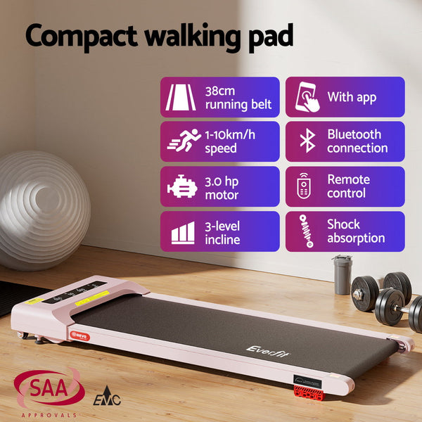 Everfit Treadmill Electric Walking Pad Incline Under Desk Home Gym 380Mm Pink Treadmills