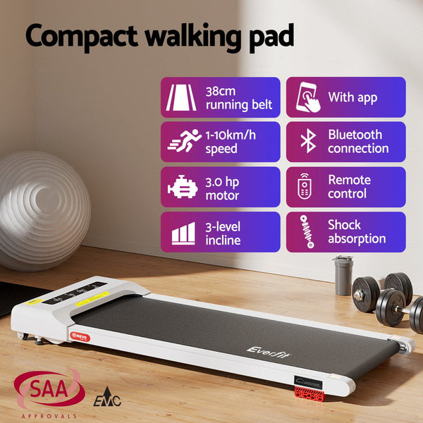 Everfit Treadmill Electric Walking Pad Incline Under Desk Home Gym 380Mm White Treadmills