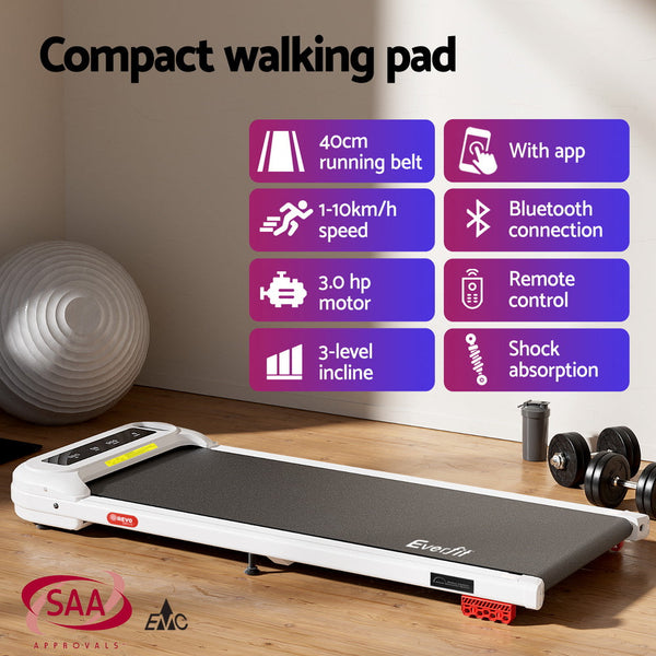 Everfit Treadmill Electric Walking Pad With Incline Under Desk Home Gym White Treadmills