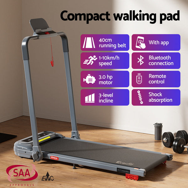 Everfit Treadmill Electric Walking Pad With Incline Foldable For Home Gym Grey Treadmills