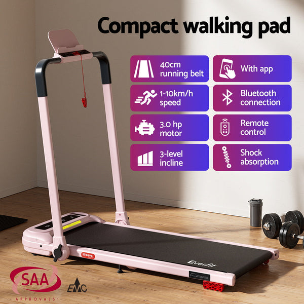 Everfit Treadmill Electric Walking Pad With Incline Foldable For Home Gym Pink Treadmills