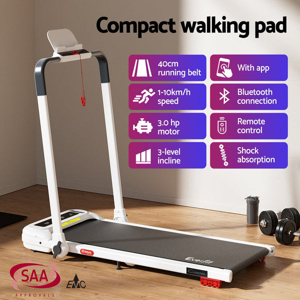 Everfit Treadmill Electric Walking Pad With Incline Foldable For Home Gym White Treadmills