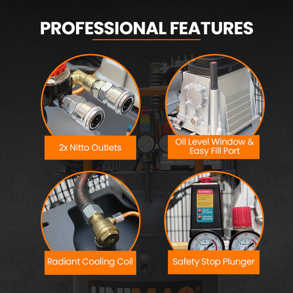 Unimac 100L 2.6Kw Industrial Air Compressor 370L/Min 116Psi Brushless Motor Long Service Life Certified Vertical Tank 15A Plug Air Compressors