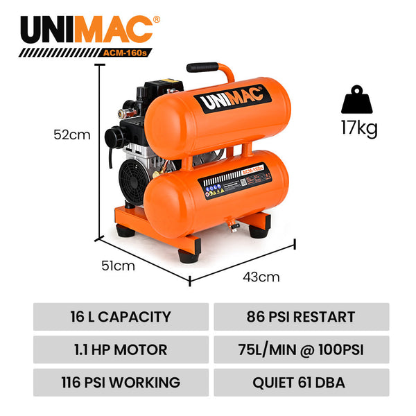 Unimac 16L Twin Tank Air Compressor 116Psi Portable Silent Oil Free Electric For Airtools Tyre Inflation Air Compressors