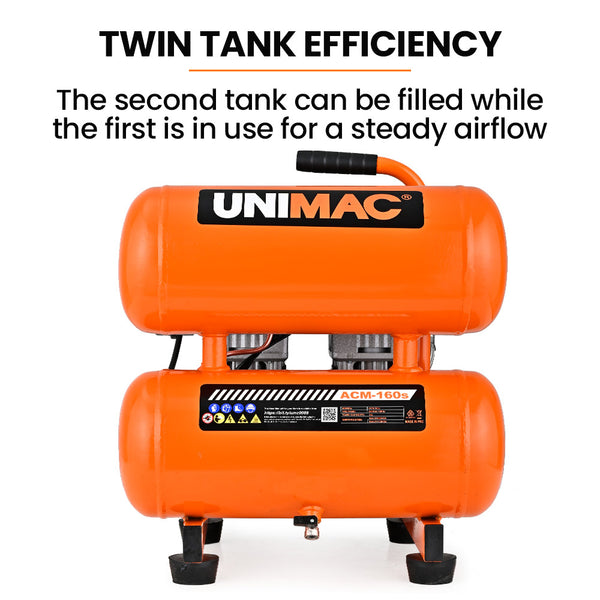Unimac 16L Twin Tank Air Compressor 116Psi Portable Silent Oil Free Electric For Airtools Tyre Inflation Air Compressors
