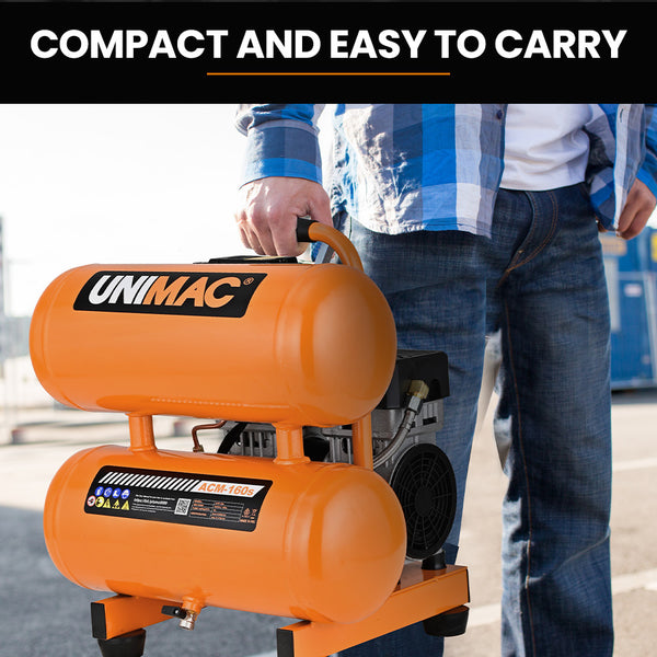 Unimac 16L Twin Tank Air Compressor 116Psi Portable Silent Oil Free Electric For Airtools Tyre Inflation Air Compressors