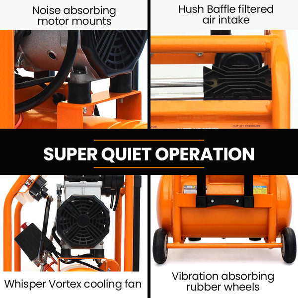 Unimac 16L Silent Oil Free Electric Air Compressor 116Psi Portable With Wheels And Handle Twin Nitto Outlets For Airtools Tyre Inflation Air Compresso