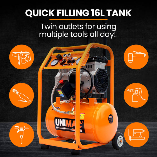 Unimac 16L Silent Oil Free Electric Air Compressor 116Psi Portable With Wheels And Handle Twin Nitto Outlets For Airtools Tyre Inflation Air Compresso