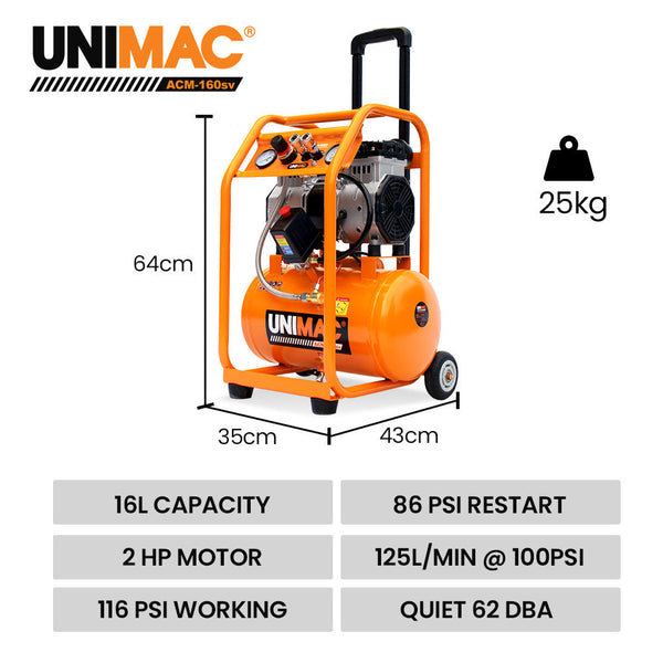 Unimac 16L Silent Oil Free Electric Air Compressor 116Psi Portable With Wheels And Handle Twin Nitto Outlets For Airtools Tyre Inflation Air Compresso