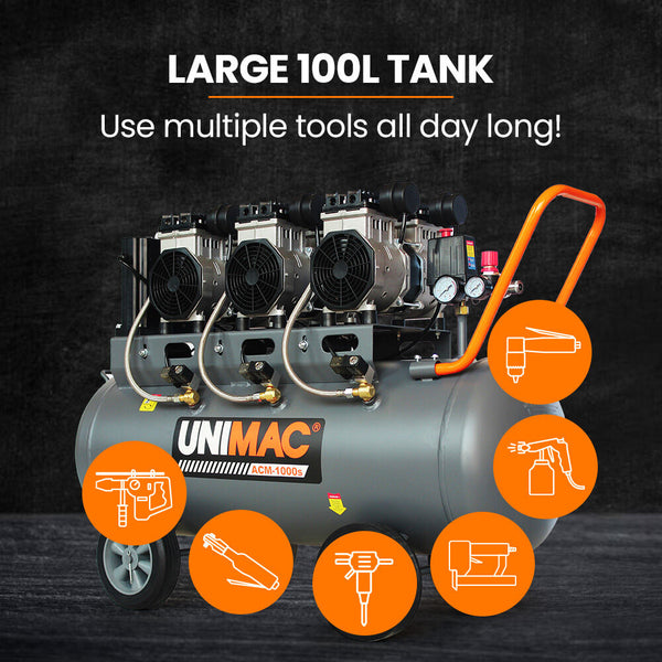 Unimac 100L 4.5Hp Silent Oil Free Air Compressor With Twin Nitto Outlets 15A Plug Air Compressors