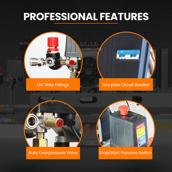 Unimac 100L 4.5Hp Silent Oil Free Air Compressor With Twin Nitto Outlets 15A Plug Air Compressors