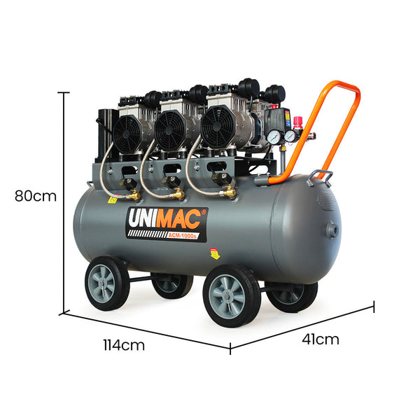 Unimac 100L 4.5Hp Silent Oil Free Air Compressor With Twin Nitto Outlets 15A Plug Air Compressors