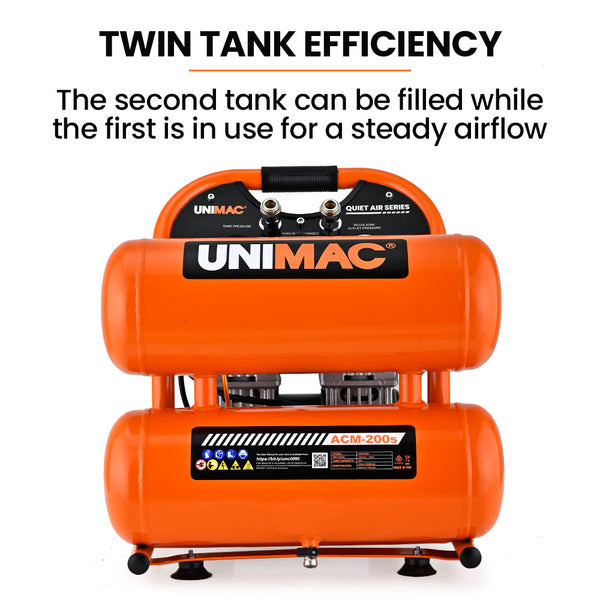 Unimac 20L Twin Tank Air Compressor 116Psi Portable Silent Oil Free Electric For Airtools Tyre Inflation Air Compressors