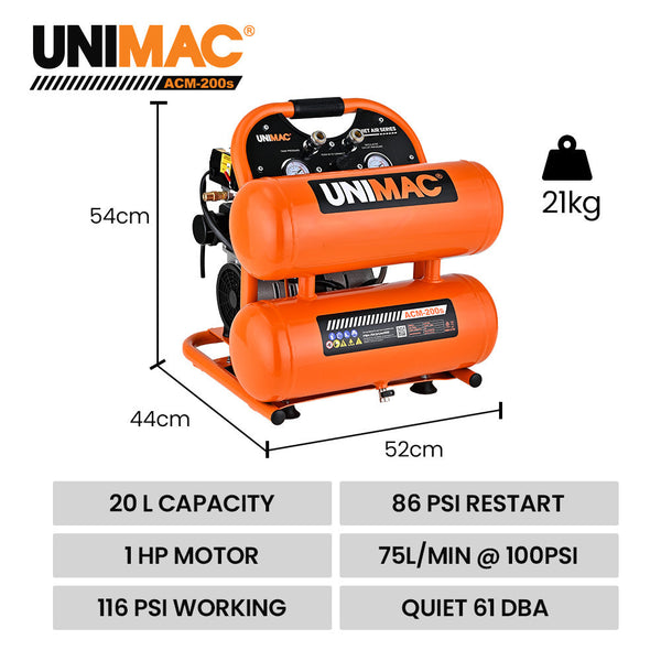 Unimac 20L Twin Tank Air Compressor 116Psi Portable Silent Oil Free Electric For Airtools Tyre Inflation Air Compressors