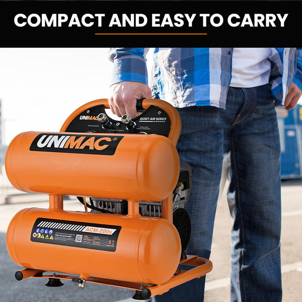 Unimac 20L Twin Tank Air Compressor 116Psi Portable Silent Oil Free Electric For Airtools Tyre Inflation Air Compressors