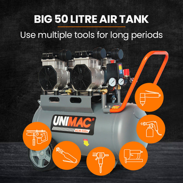 Unimac 50L 3.0Hp Silent Oil Free Electric Air Compressor Portable Twin Nitto Outlets Air Compressors