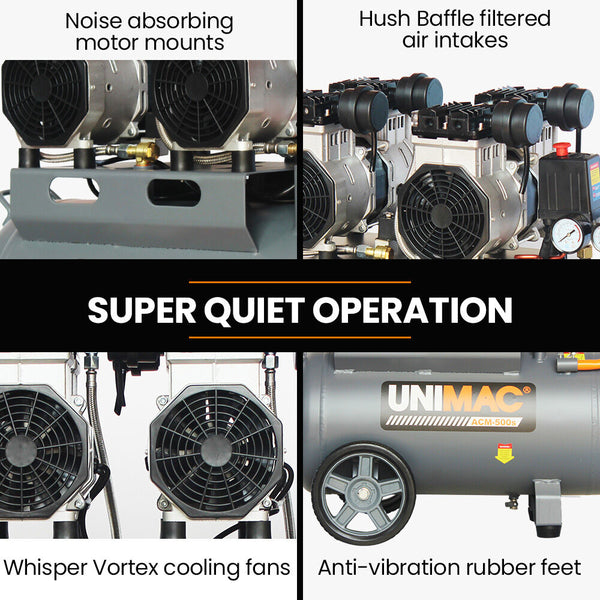 Unimac 50L 3.0Hp Silent Oil Free Electric Air Compressor Portable Twin Nitto Outlets Air Compressors