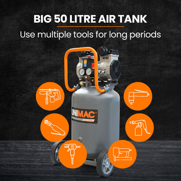 Unimac 2Hp 50L Silent Oil Free Portable Electric Air Compressor Vertical For Airtools Tyre Inflation Air Compressors