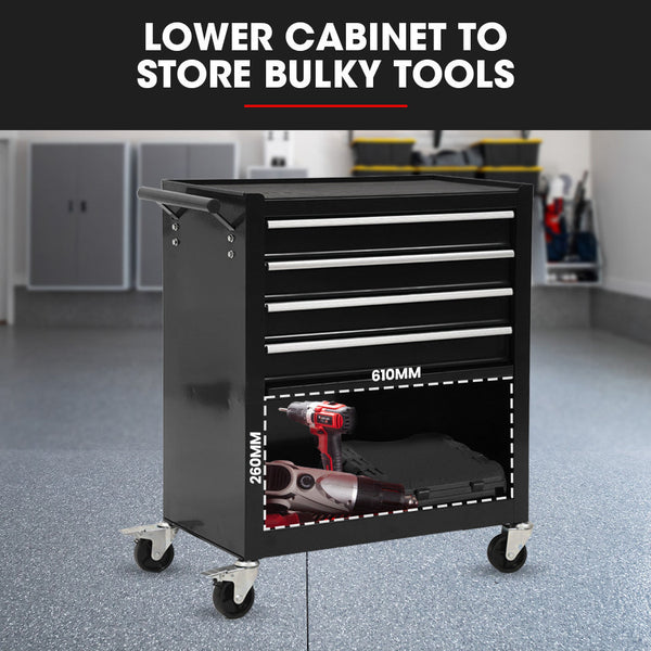 Bullet Pro 4 Drawer Tool Box Cabinet Trolley Storage With 1 Door Toolbox Garage Organiser Set Black Tool Storage Organisers